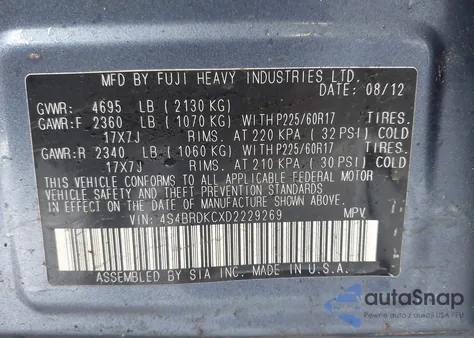 2013 Subaru Outback 3.6R Limited z USA, uszkodzony, nr VIN 4S4BRDKCXD2229269